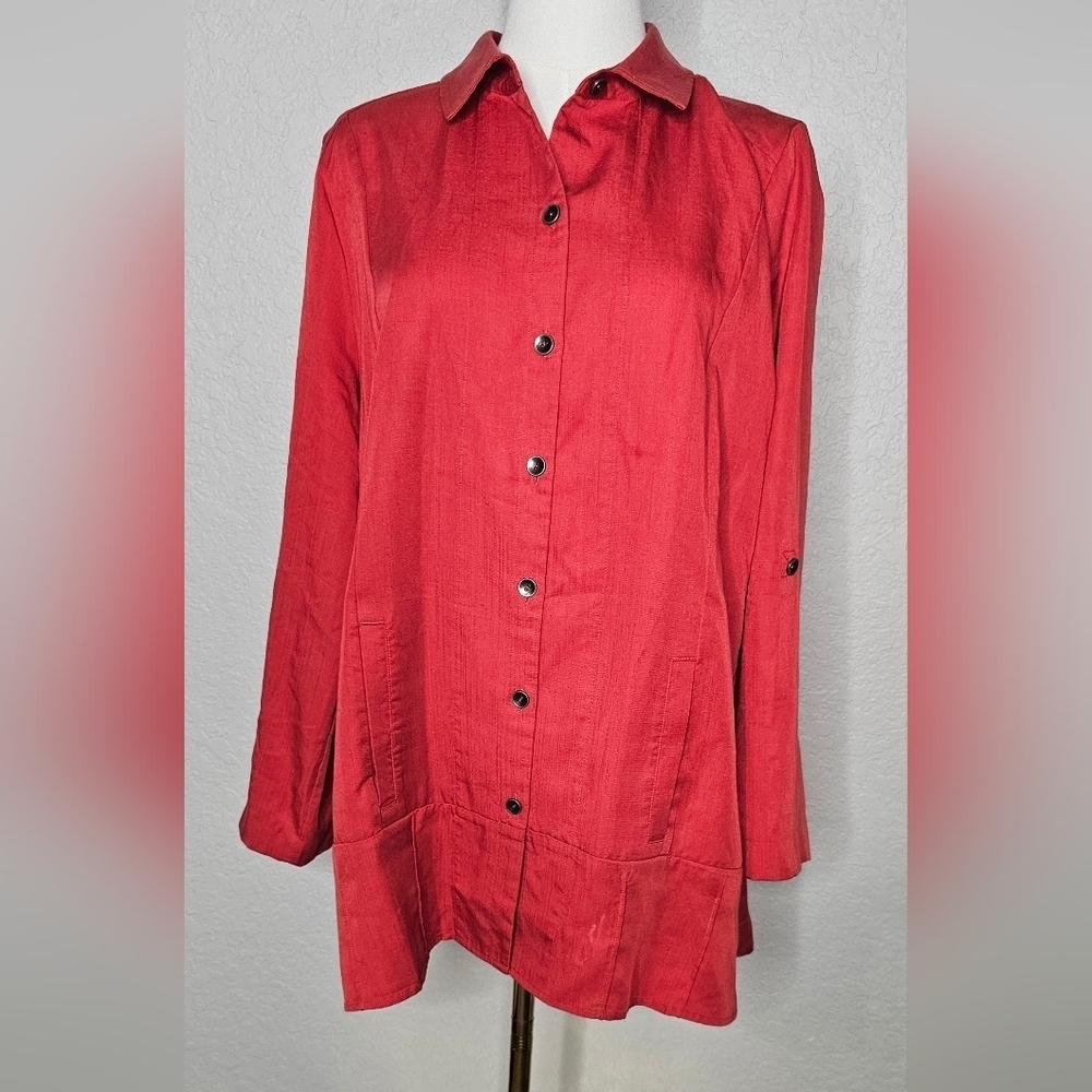 Soft Surroundings Red A-Line Tunic Top 100% Tencel Roll Tab Sleeves P XLarge